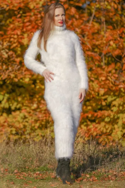 SuperTanya white long mohair sweater dress fuzzy wool fluffy hand knit gown 3