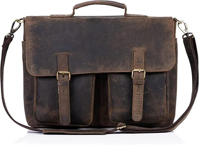 Komalc 15 inch retro buffalo hunter leather laptop messenger bag sales office briefcase college bag
