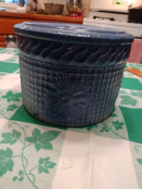 Antique Blue And White Stoneware Butter/ Salt Crock With Lid. HTF