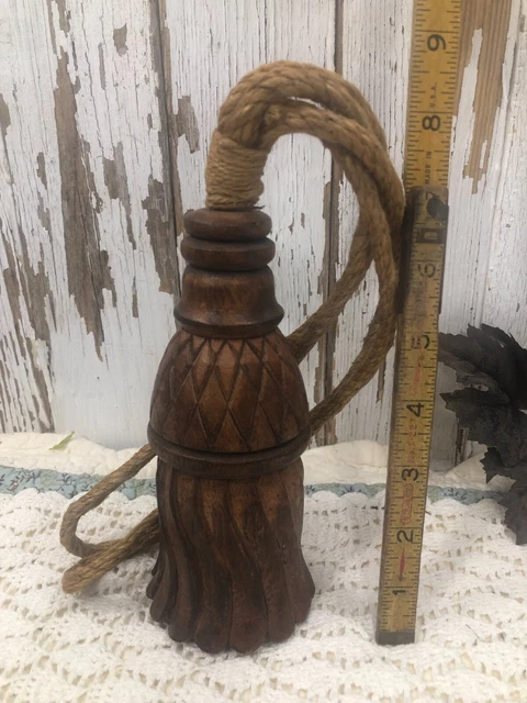 Lot of 6 Vintage Carved Wood Curtain Tie Backs Hooks Finial French Rustic 7" 2