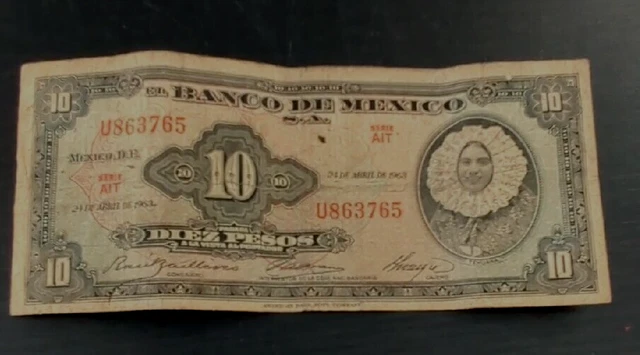 1963 Mexico 10 Pesos Banknote Tehuana Currency Mexican Paper Money Mexicano