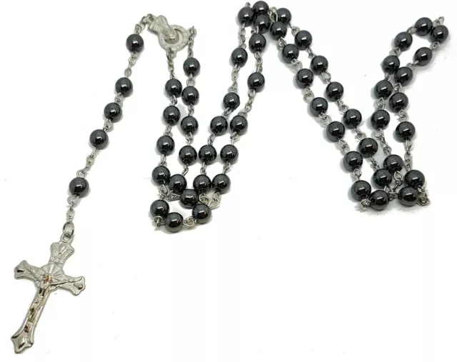 Black Glass Rosary Bead Beads Jesus Cross Necklace Hematite Gift Mens Womens