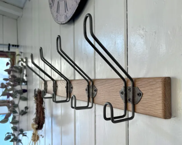 Solid Oak Wooden Coat Rack, Wire School Hook Retro Style Handmade