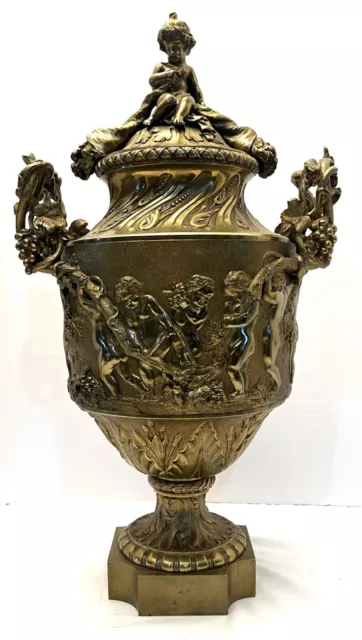 Antique 21" Gilt Bronze 2 handled Lidded Urn French 19th C. Renaissance PUTTI