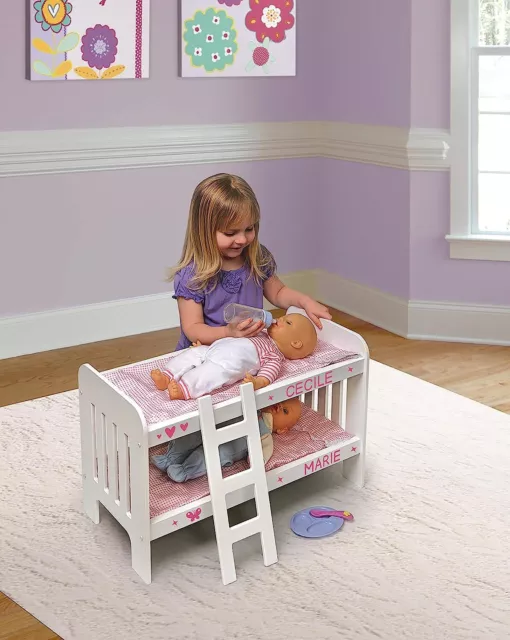 Doll Bunk Bed with Gingham Bedding Ladder Personalization Kit 20 inch White/Pink