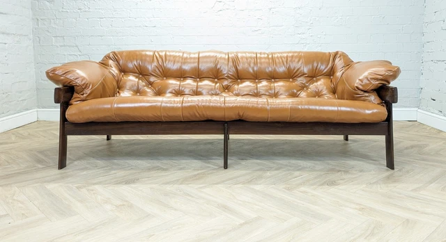 Mid-Century Vintage Brazilian Tan Leather 3 Seater MP-41 Sofa by Percival Lafer
