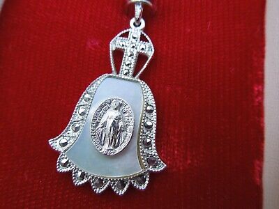 Vintage Sterling Silver Christian Mary Mother of Pearl Medal w 18" chain NIP
