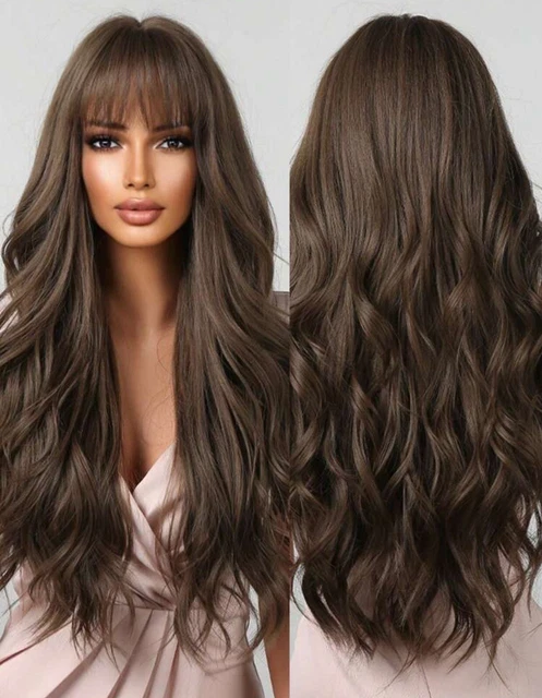 Perruque Longue Brun Foncé Bouclée Avec Frange – Synthétique, Bonnet Ajustable – Neuf Sans étiquettes