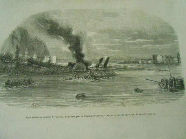 1853 engraving - loss of the steamboat Le Parisien near Tournon