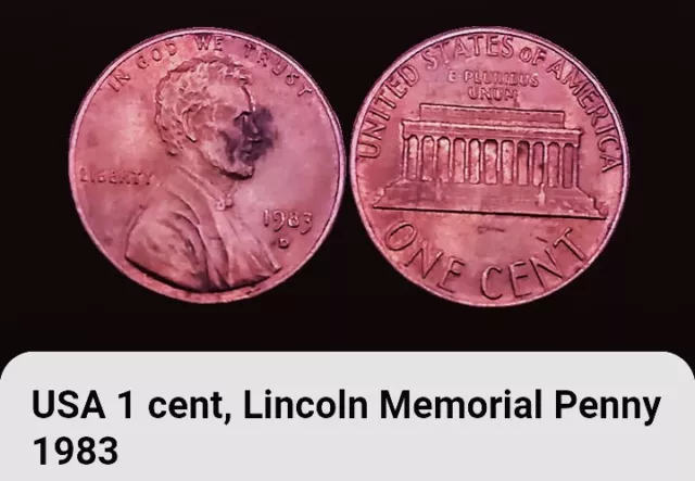 1983 D USA 1 Cent Coin BONUS OFFERS. Abraham Lincoln Memorial One Penny Bronze