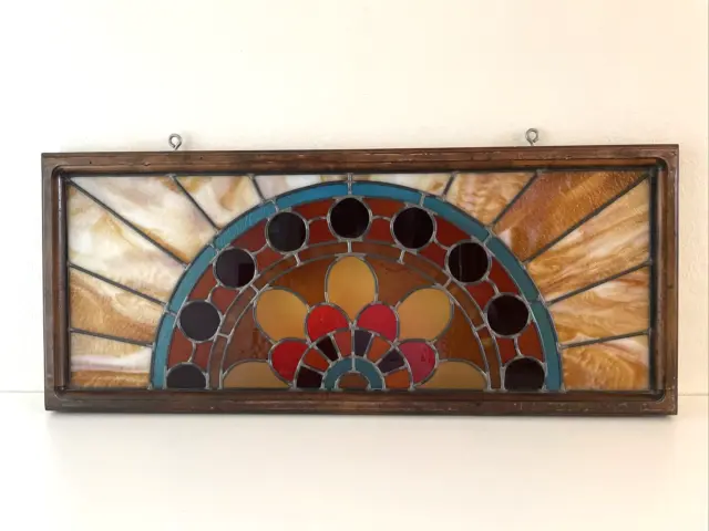 Antique / Vintage Leaded Stained Glass Window 36x15" Wood Frame Transom