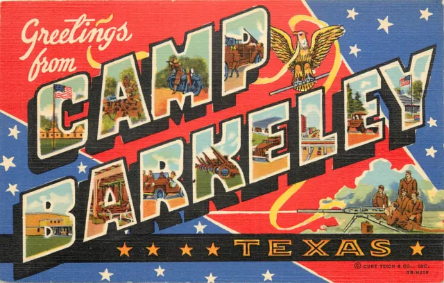 Curt Teich WWII Large Letter Greetings From Camp Barkeley Abilene TX