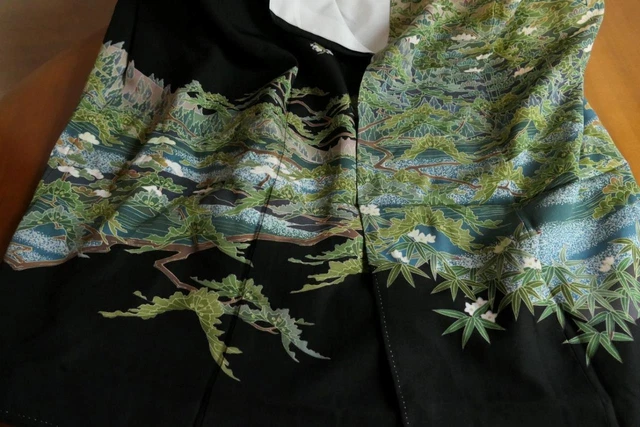 Edler Vintage Original Japan Tomesode Seiden Festtags Kimono Sw Handbem Waldland