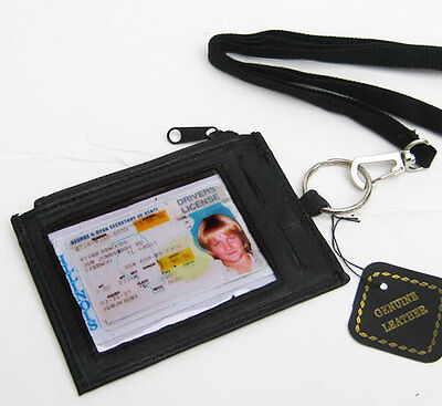 Set of 2 Leather ID CARD Badge Neck Holder Lanyard Wallet Zip Key Ring Strap 3