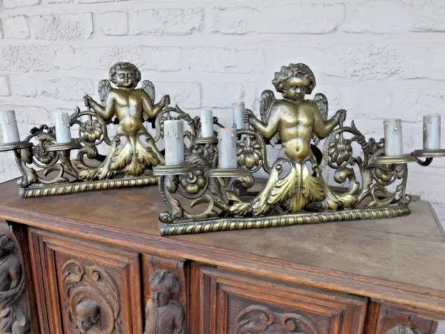 PAIR Antique french putti cherub XL metal bronze patinated Wall lights sconces