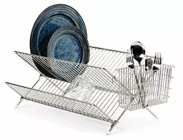 Dish Drainer Chrome X Shape Folding Rack With Cutlery Caddy Sink Plates Kitchen