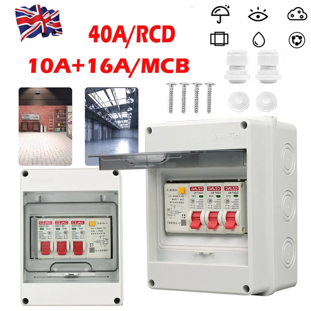 4 WAY GARAGE IP65 Weatherproof Consumer Unit Enclosure 63A 30mA RCD MCB