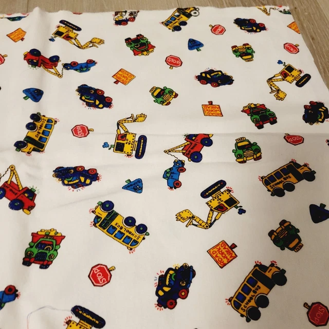 Vtg Kids Bulldozer Tow Trucks School Bus Cotton Fabric Nursery 65 x 47 Linen