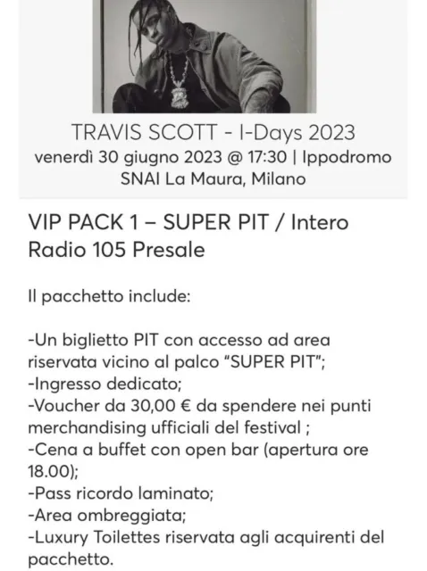 BIGLIETTO VIP PACK 1  "Super PIT"  -  CONCERTO TRAVIS SCOTT MILANO 30/06/2023