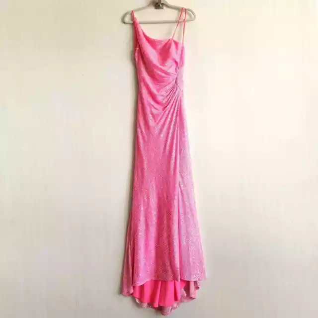 La Femme Women Pink Sequin Formal One-Shoulder Open Back Long Prom Dress Size 8