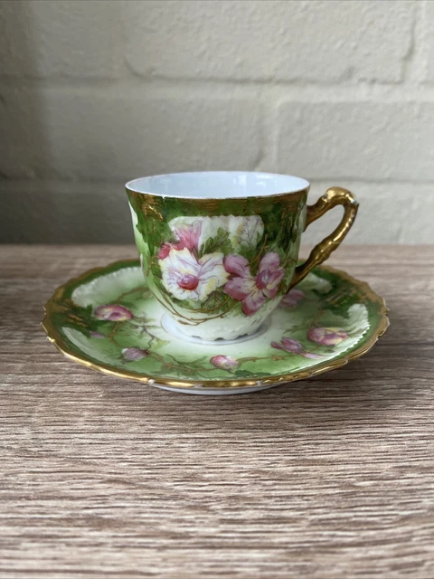Green & Gold Flower Limoges Small Cup and Saucer