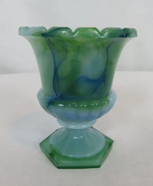 Vintage Akro Agate Blue Green Swirled Slag Glass Urn Toothpick Holder