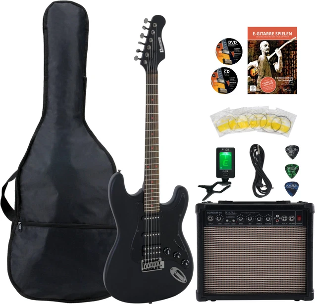 Dimavery ST-312 E-Gitarre Satin Set Schwarz ST-Style Tremolo HSS Gigbag Zubehör