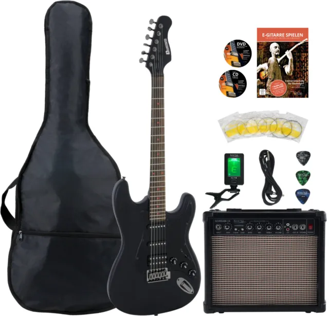 Ensemble guitare électrique satin Dimavery ST-312 noir style ST trémolo HSS accessoires gigbag