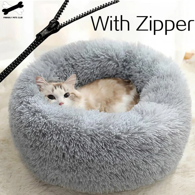 Donut Plush Pet Dog Cat Bed With Zipper Fluffy Calming Bed Sleeping Kennel Nest