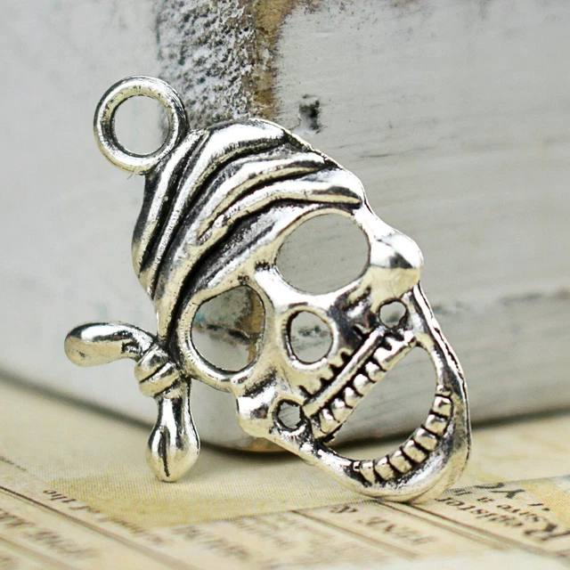 4 Metall Anhänger Charm Pirat Totenkopf Schädel DIY Basteln silbern 27x18mm