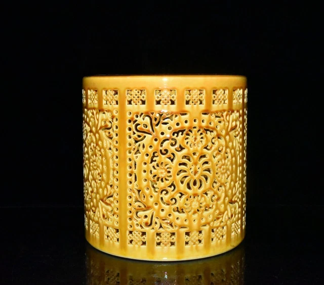 7.7"  ming dynasty  hongzhi  mark yellow glaze open slice hollow out brush pot