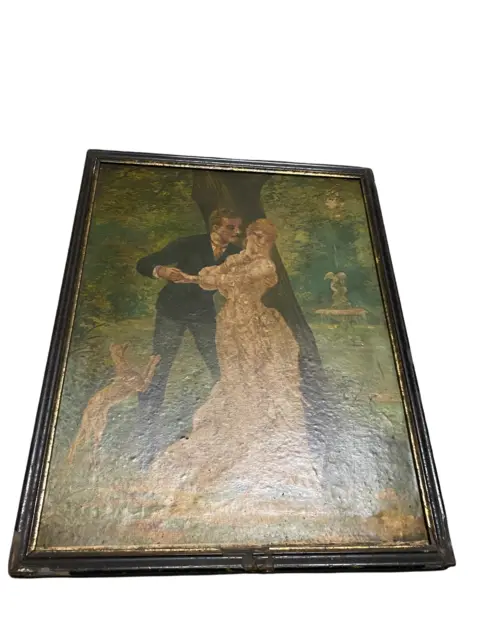 Ancien Tableau Reproduction Scène De Danse Galant Chien Pas Toile Peinture