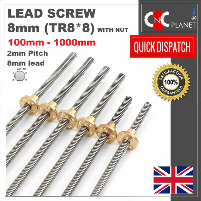 8mm Leadscrew TR8*8 Stainless steel screw 2mm pitch lead 8mm Flange Brass nut UK