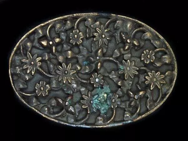 UE01126 VINTAGE 1970s **FLORAL ORNAMENTAL** ART FASHION BRASSTONE BELT BUCKLE