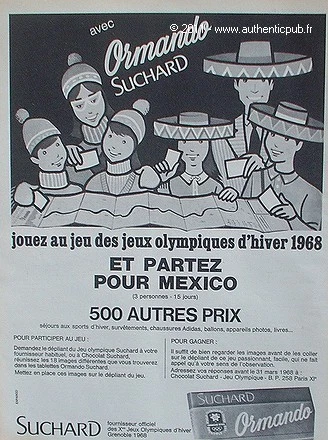 Fanion Rare Suchard Chocolat - Jeux Olympiques Grenoble 1968