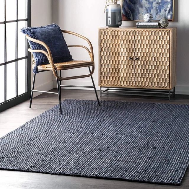 Rectangle Blue Jute Area Rug 100% Braided Runner Rustic look Living Area Carpet