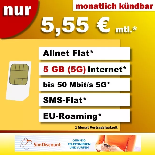 Handytarif 5,55 mtl. Handyvertrag mit 5 GB (5G) Allnet Flat Sim Karte Vertrag