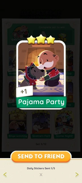 Monopoly Go PAJAMA PARTY Fast Send NEW 3 ⭐️ CARD STICKER