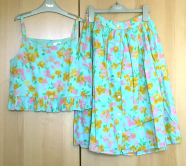 NEXT Girls Aqua 2 Piece Floral Co-Ord Skirt  & Top Set Age 12 Years BNWT Tag £24