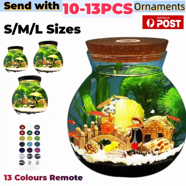 Mini Aquarium Fish Tank LED Lights Lamp Small Viewing Fish Glass Bottle Decor AU