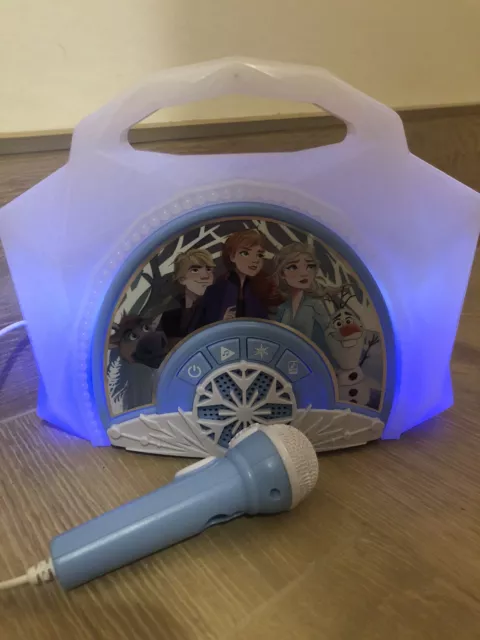 Disney Frozen Karaoke Machine Sing Along AUX Boombox Microphone Lights Blue