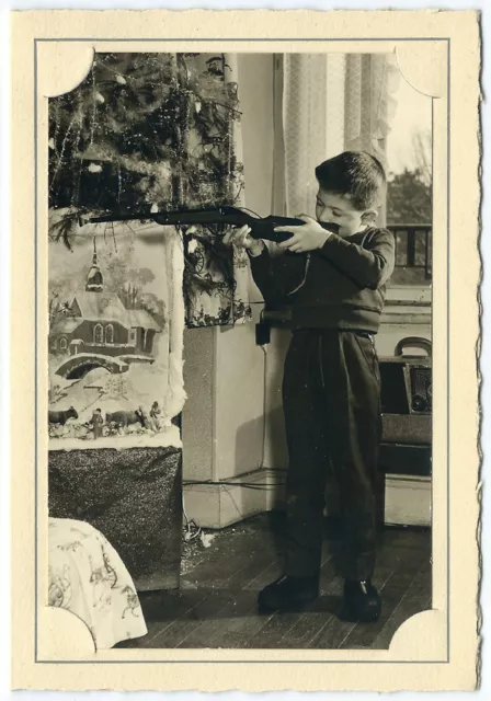 photo 2 prints Christmas 1950 - child nursery tree and toy rifle - Nancy