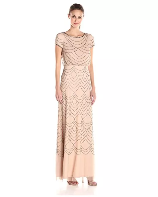 Adrianna Papell Short Cap Sleeve  Blouson Beaded Gown Taupe Pink sz 6p  NWT $260 2