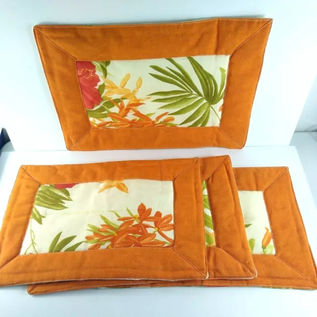 Vintage Quilted Placemats Handmade Set Of 4 Orange Tropical Hibiscus 12 X 17.5