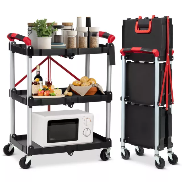 Folding Utility Service Cart with Wheels,3Tier Food Service Cart 168lbs Capacity