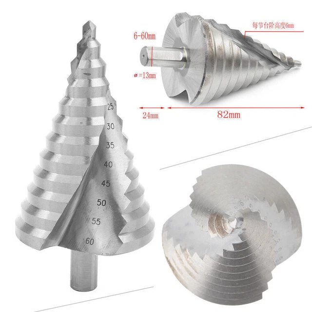 13mm 1/2'' Shank HSS Drill Bit Step Cutter Cone Hole 6mm-60mm - Spiral Flute