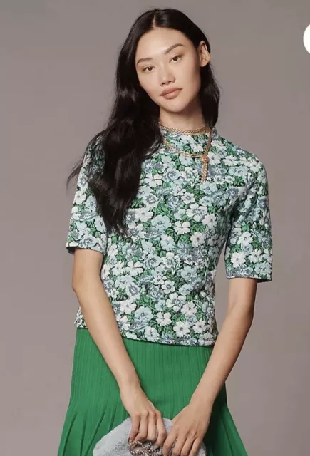 NWT Anthropologie Maeve Short Sleeve Mock Neck Jacquard Top Green Floral XS
