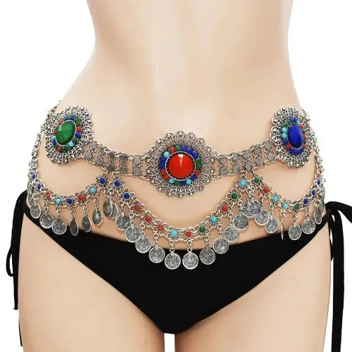 Gypsy Metal Coins Belly Chain Hippie Boho Flower Acrylic Beaded Shimmy Belt