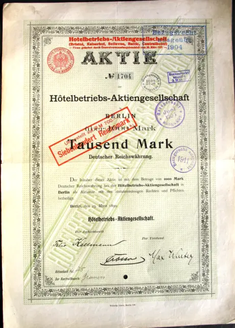 Lot 10 x Kempinski Hotelbetriebs AG Uhl's Berlin Hotel Aktie 1899 Bristol Adlon