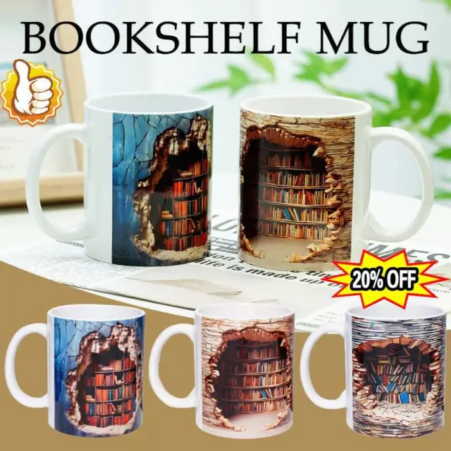 3D Bookshelf Mug, A Library Shelf Cup, Creative Space Design Multi-Purpose Mugs, 3D White Mugs, Book Lovers Coffee Mug, A Gift for Readers, Size: 8